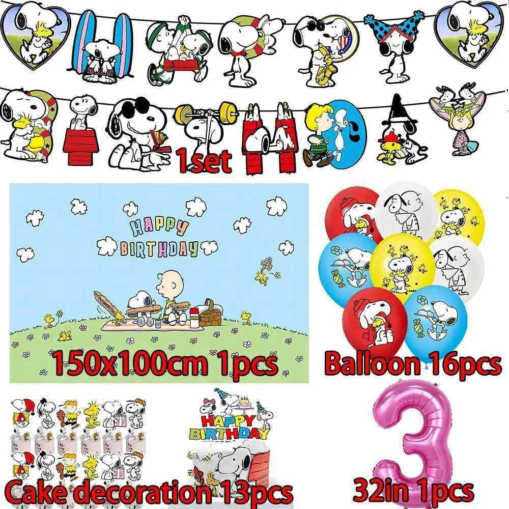 Cartoon Snoopys Birthday Decoration Set Banners Cake Toppers Balloons Backdrops Kids Birthday Gifts Baby Shower Party Supplies
