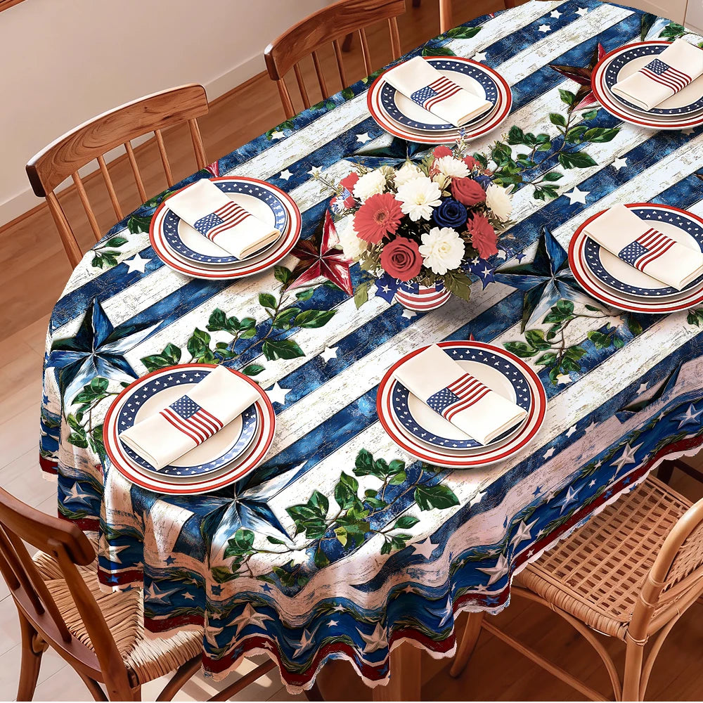 4th of July Tablecloth, Patriotic Independence Day American Flag Oval White, Blue for Outdoor BBQ Party Family Gathering