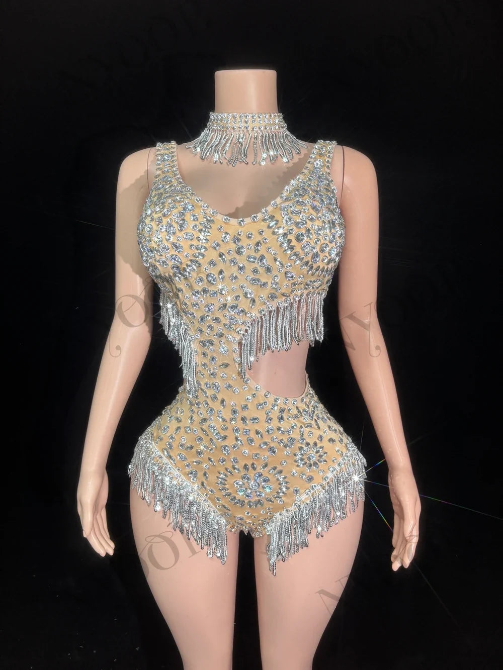 Sparkly Rhinestone Tassel Mock Neck Bodysuit Sleeveless Showgirl Stage Leotard