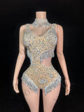 Sparkly Rhinestone Tassel Mock Neck Bodysuit Sleeveless Showgirl Stage Leotard