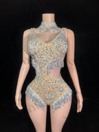 Sparkly Rhinestone Tassel Mock Neck Bodysuit Sleeveless Showgirl Stage Leotard