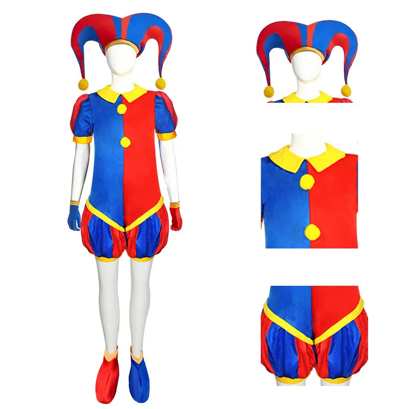 Boys Girls Clown Cosplay Costume Kids Pom Pom Jester Outfit for Halloween Carnival Show - Big Tim's Magic Emporium