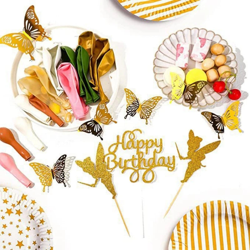 129Pcs A set of fairy tale themed birthday party balloon decoration set with 3D three-dimensional golden butterfly stickers