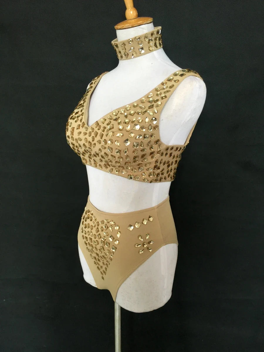 Sexy DJ Nightclub Pole Dance Costume Rhinestone Bikini Rave Outfit Party Show Stage Wear Dancer Team Performance Clothes