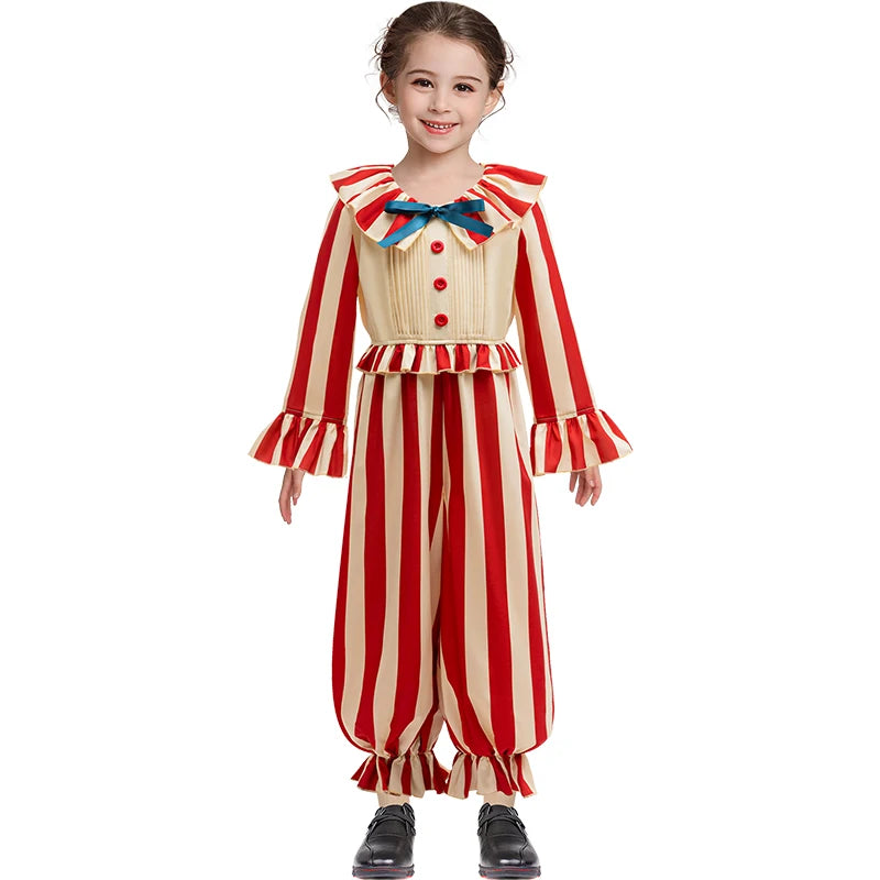 Kids Horror Movie Corn Clown Cosplay Costume Carnival Red Striped Jumpsuits Rainbow Wigs Girls Boys Joker Halloween Costume - Big Tim's Magic Emporium