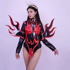 Flame Patent Leather Bodysuit & Sculpted Wing Shoulders 2-Piece Stage Costume Set