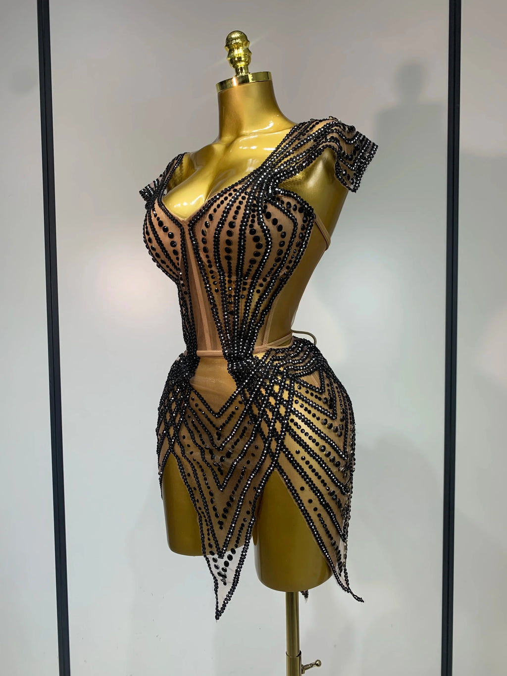 Sparkly Rhinestone Mesh Strapless Mini Dress Evening Stage Performance Outfit
