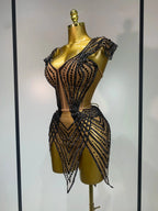 Sparkly Rhinestone Mesh Strapless Mini Dress Evening Stage Performance Outfit