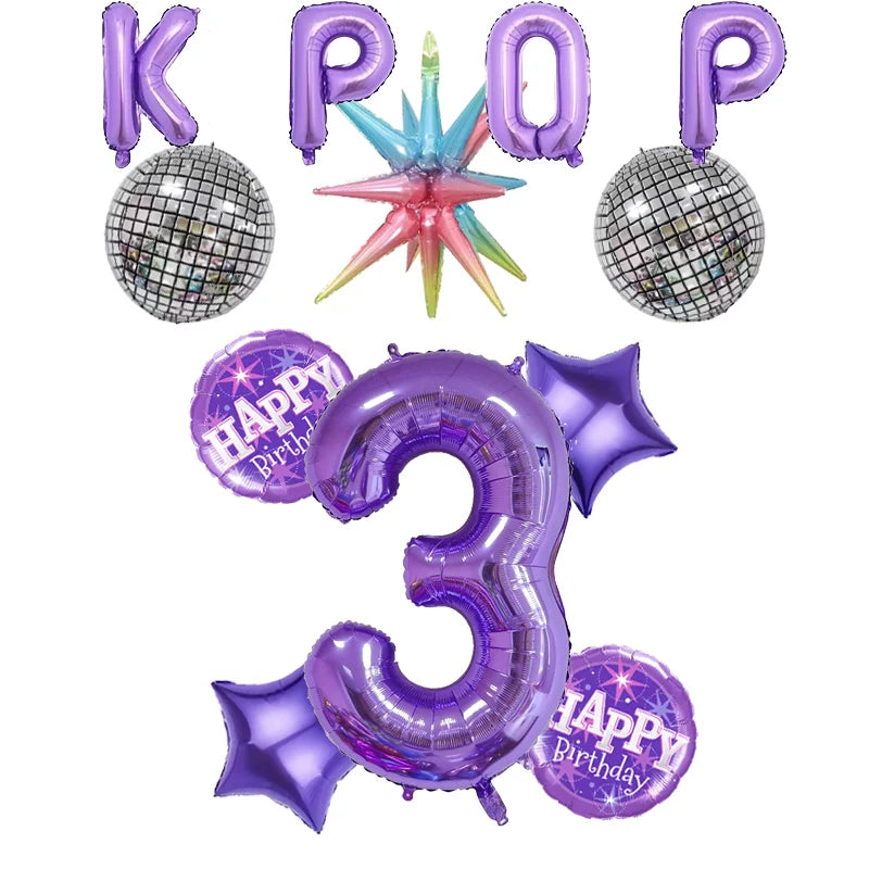 12pc themed party balloon, 32 inch purple digital balloon, KPOP paired with purple birthday balloon and star shaped balloon.