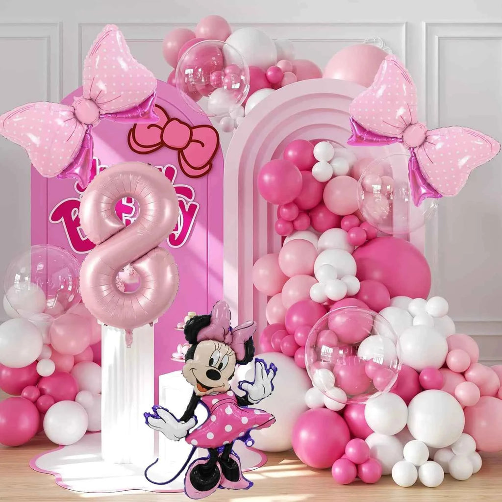 128PCS Minnie Mouse Pink Bow Aluminum Mold Balloon Garland Arch Set Girl Princess Birthday Party Baby Shower Decoration Supplies