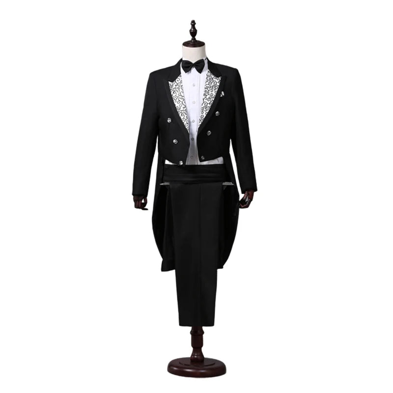 Tailcoat Suits Men Vest Jacket White Tail Coat Chorus Tuxedo Floral Stage Costume Singer Performer Magician Host Outfits - Big Tim's Magic Emporium