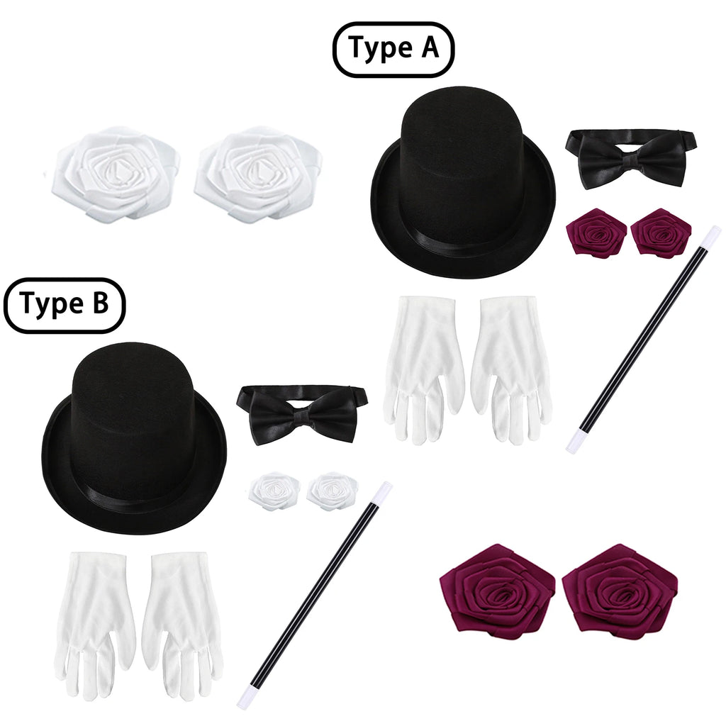 Halloween Magician Costume Accessories Bowler Hat Gloves Satin Bow Tie Ribbon Roses And Magic Wand Props for Masquerade Party - Big Tim's Magic Emporium