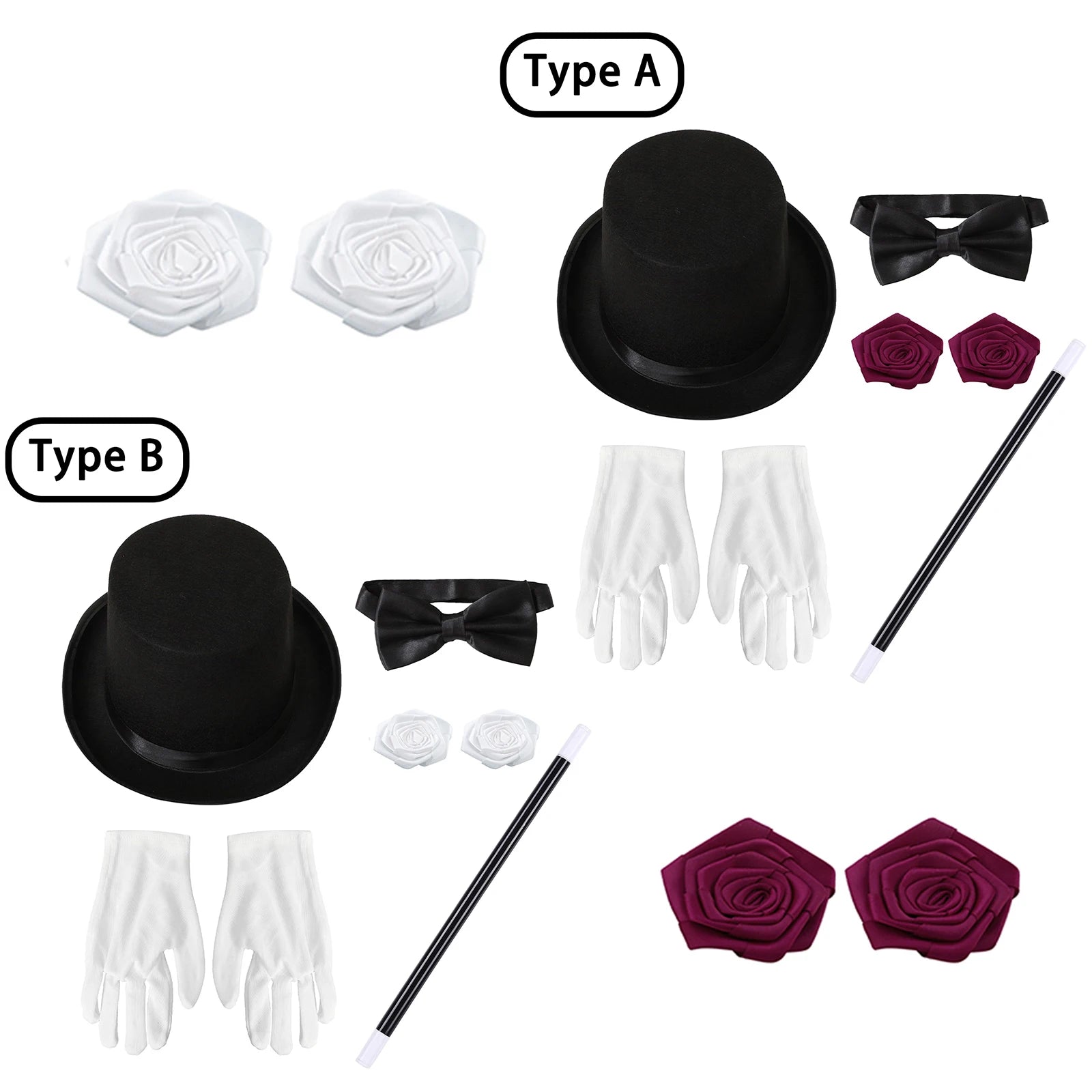 Halloween Magician Costume Accessories Bowler Hat Gloves Satin Bow Tie Ribbon Roses And Magic Wand Props for Masquerade Party - Big Tim's Magic Emporium