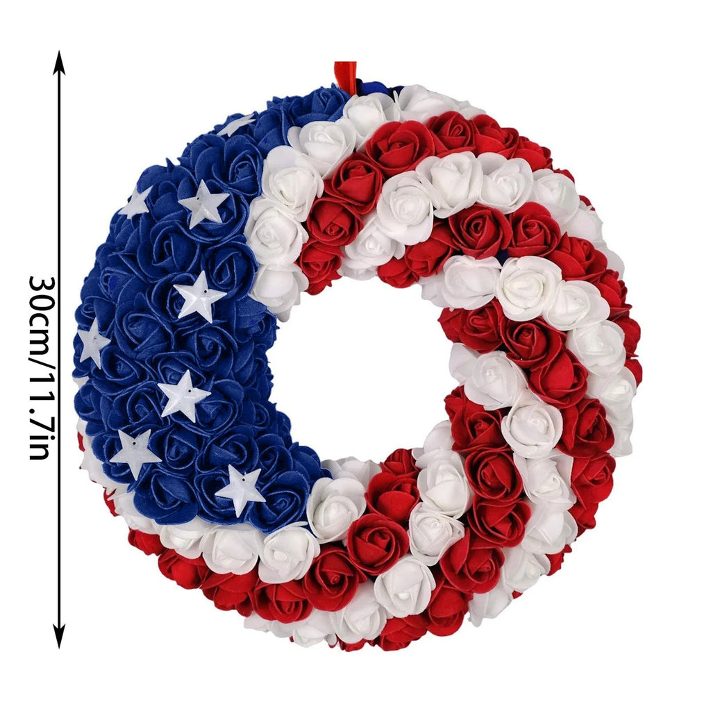 4th Of July Rose Floral Wreath American Flag Star Front Door Garland Independence Day Artificial Flower Hanging Decor Home Porch