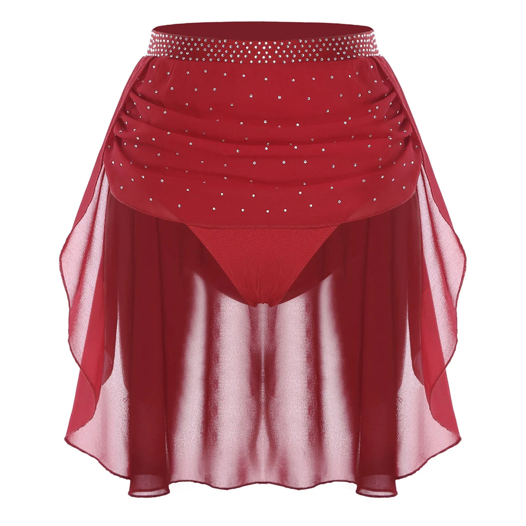 Womens Modern Lyrical Dance Skirt Performance Costume Sparkly Rhinestone Irregular Chiffon Hem Built-in Briefs Skirt Dancewear