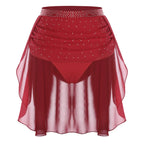 Womens Modern Lyrical Dance Skirt Performance Costume Sparkly Rhinestone Irregular Chiffon Hem Built-in Briefs Skirt Dancewear