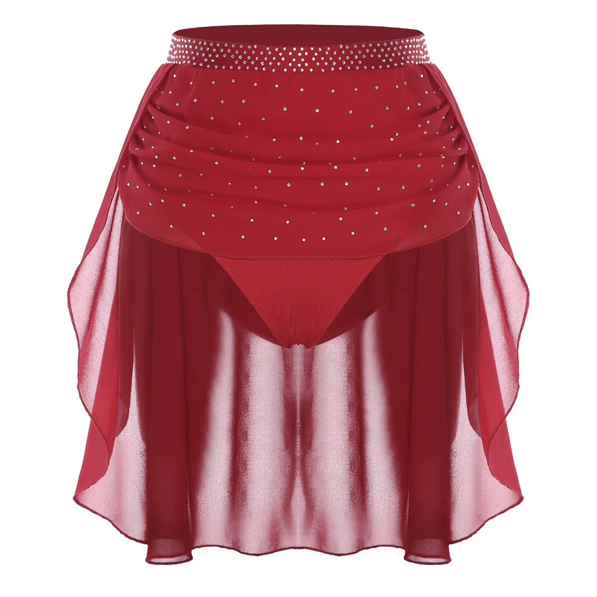Womens Modern Lyrical Dance Skirt Performance Costume Sparkly Rhinestone Irregular Chiffon Hem Built-in Briefs Skirt Dancewear