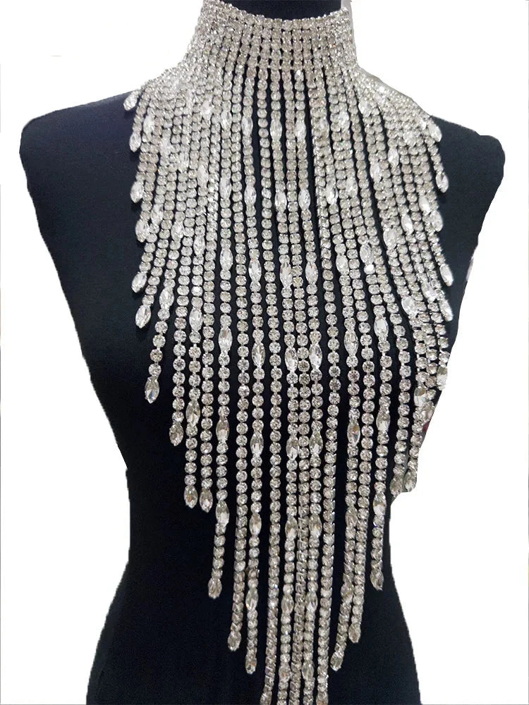 Oversized Crystal Rhinestone Tassel Choker Necklace Drag Queen Stage Body Jewelry