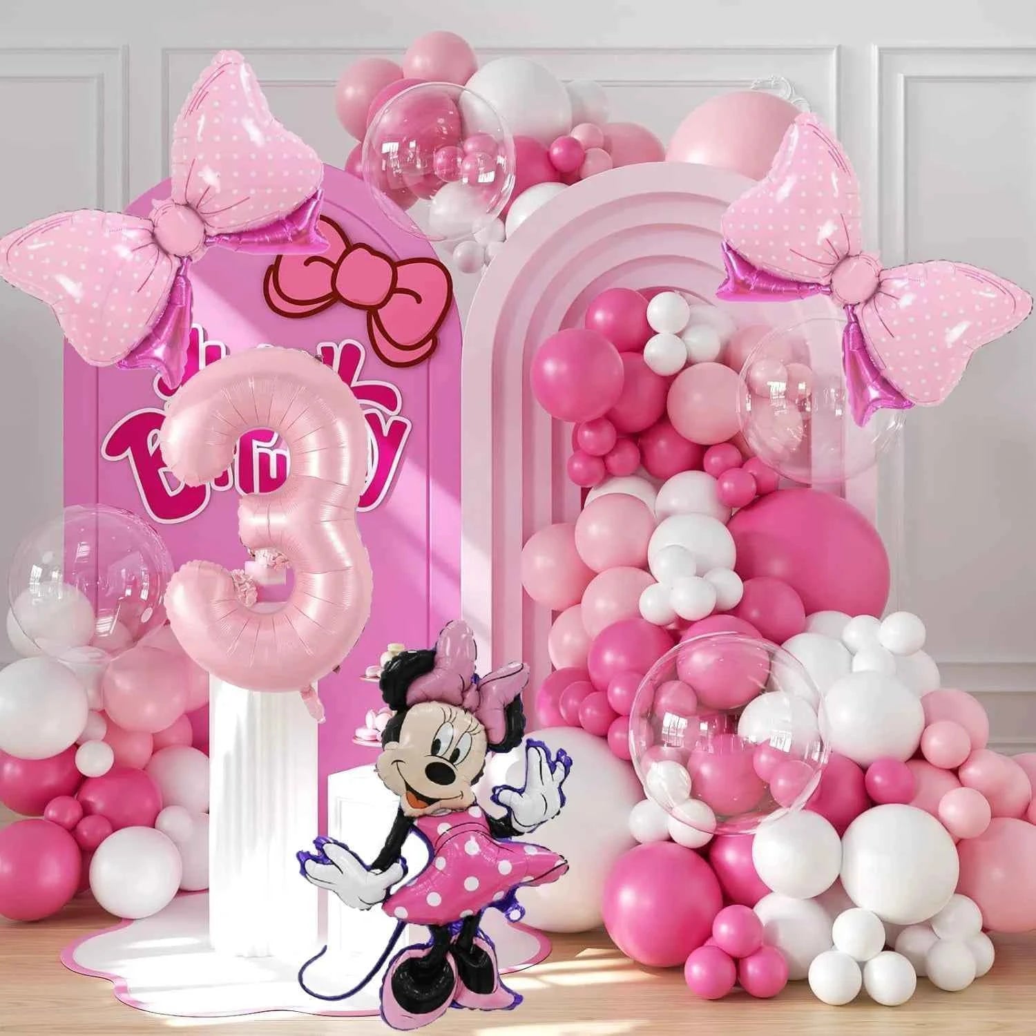 128PCS Minnie Mouse Pink Bow Aluminum Mold Balloon Garland Arch Set Girl Princess Birthday Party Baby Shower Decoration Supplies