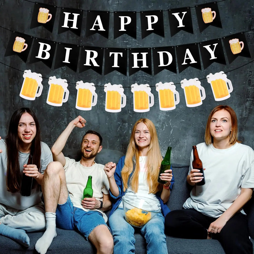 Beer Theme Happy Birthday Banner Adult Mens Party Decorations Cheers Paper Garland Oktoberfest Bunting Bar Pub Event Decor Setup