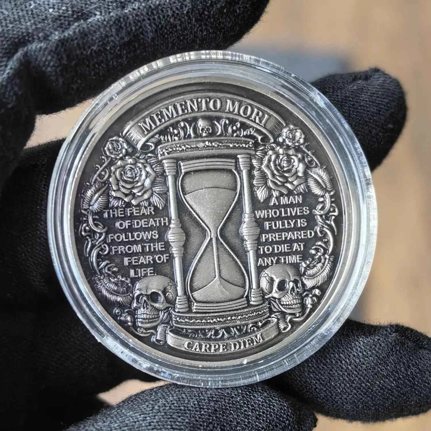 Memento Mori Challenge Coin - Skull & Hourglass Design, Carpe Diem, Roman Numerals, Motivational Coin for Life Reminders