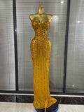 Sparkly Crystal Women Sexy Strapless Mesh See Through Long Maxi Bodycon Dress Elegant Evening Party Birthday Wedding Wear