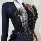 Black Rhinestone One-Shoulder Bodysuit & Trailing Tulle Train Stage Costume Set