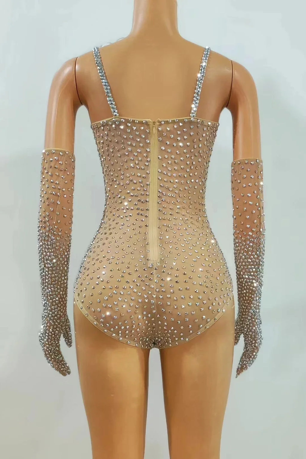 Silver Rhinestone Mesh Showgirl Bodysuit with Matching Crystal Gloves – Glamour Stage Performance Costume Set