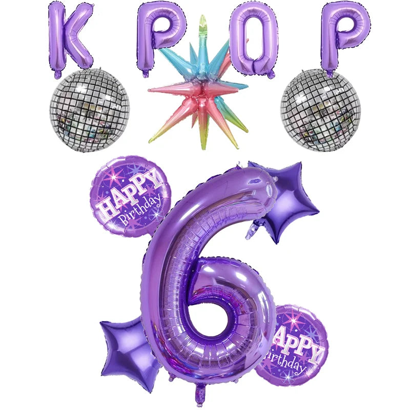 12pc themed party balloon, 32 inch purple digital balloon, KPOP paired with purple birthday balloon and star shaped balloon.