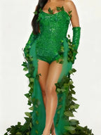 Emerald Ivy Leaf Sequin High-Low Gown & Gloves Sexy Botanical Villain Costume Set
