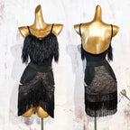 Black Fluffy Dance Leotard & Fringe Practice Skirt Latin Performance Costume Set
