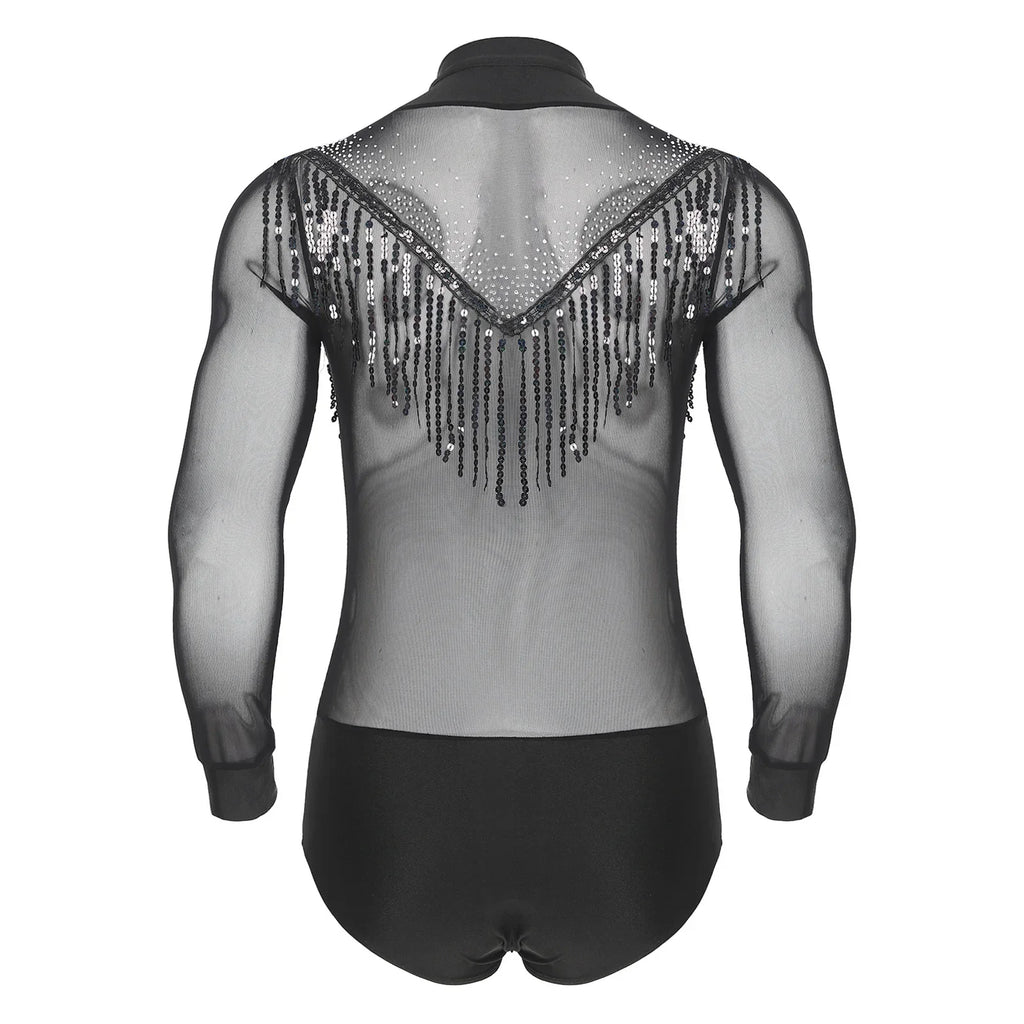 Men's Latin Salsa Sequin Tassel & Rhinestone V-Neck Performance Leotard Bodysuit