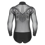 Men's Latin Salsa Sequin Tassel & Rhinestone V-Neck Performance Leotard Bodysuit