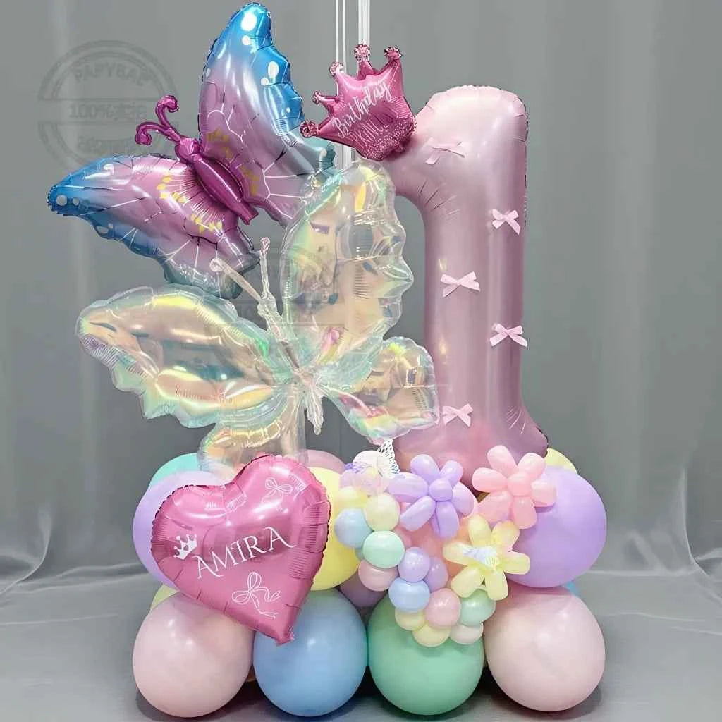 56pcs Colorful Butterfly Love Balloon Pink Number Birthday Balloon Set Festival Party Decoration Children's Baptismal Supplies