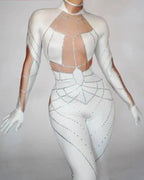 Sparkly Rhinestone Jumpsuit with Long Sleeve Gloves – Sexy Stretchy Bodysuit for Nightclub, Stage & Performance