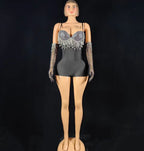Black Spandex Crystal Tassel Bodysuit with Matching Gloves Stage Performance Set