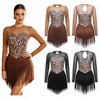Leopard Print Rhinestone Tassel Dance Dress Long Sleeve Keyhole Bodysuit