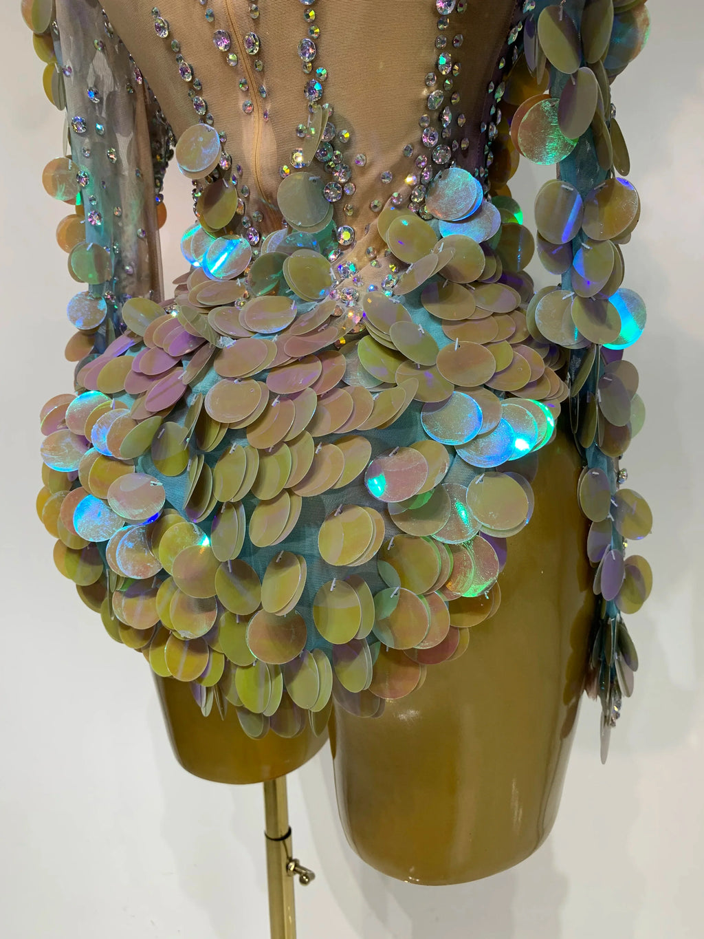 Iridescent Mermaid Scale Sequin & Rhinestone Illusion Bodysuit Stage Costume