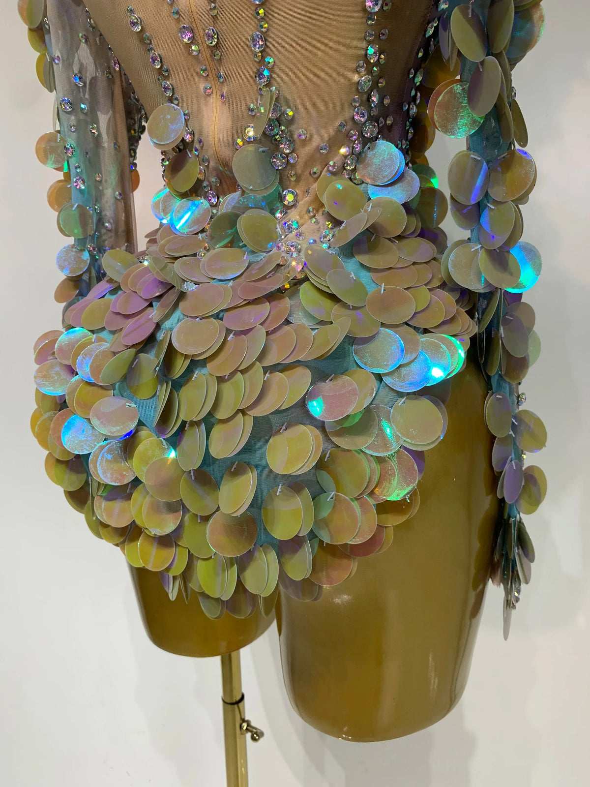 Iridescent Mermaid Scale Sequin & Rhinestone Illusion Bodysuit Stage Costume