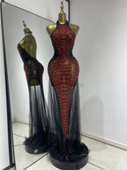 Claret Red Snakeskin Rhinestone Halter Gown Backless Mesh Illusion Evening Maxi Dress