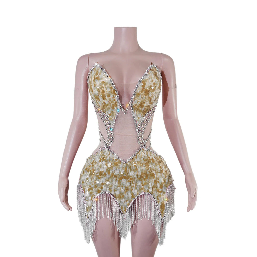 Sequin Beaded Tassels Mini Dress Crystals Mesh Bodycon Stage Performance Outfit