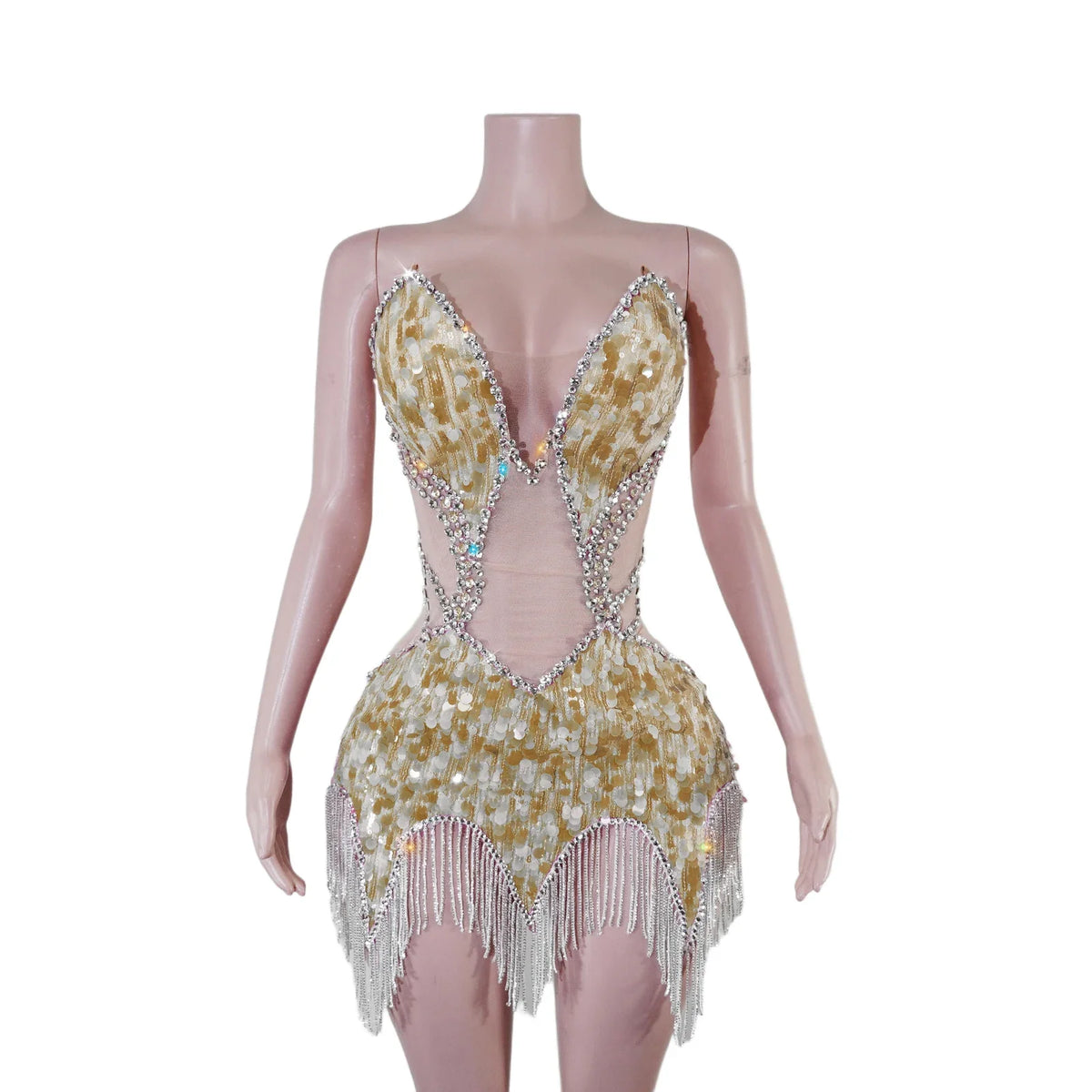 Sequin Beaded Tassels Mini Dress Crystals Mesh Bodycon Stage Performance Outfit