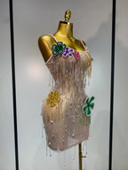 Colorful Rhinestone Pearl Sheer Dress & Two-Piece Mini Skirt Set Celebration Outfit