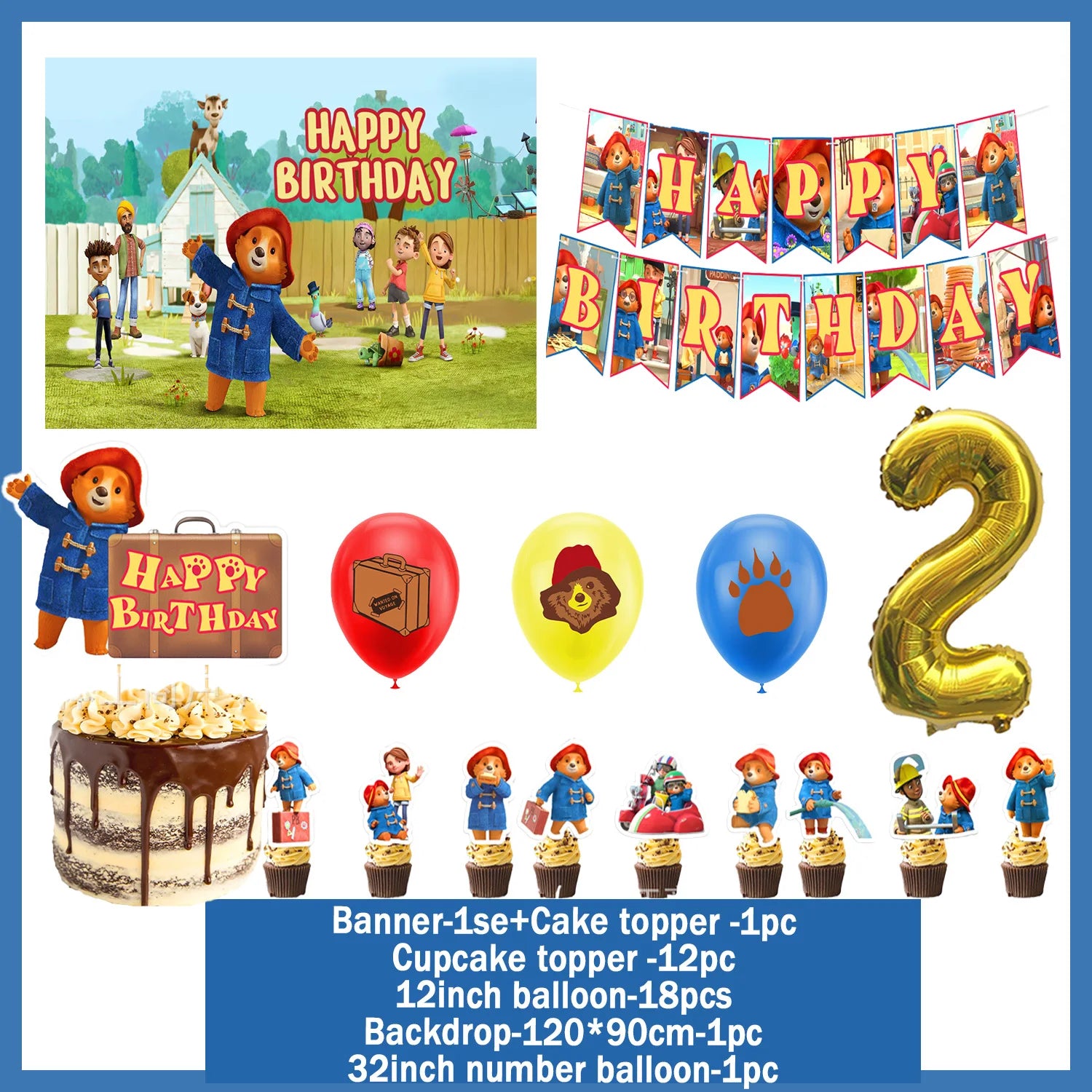 Cartoon&Paddingtons Party Supplies Happy Birthday Banner Bears Balloons Cupcake Toppers Backdrop Kids Birthday Baby Shower Gift