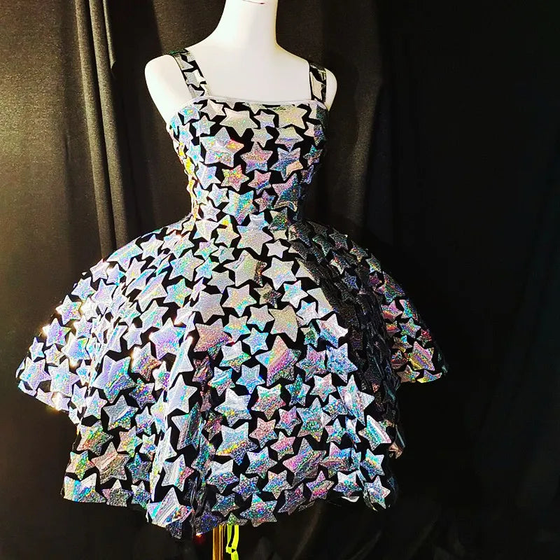 Gold & Silver Sequin Flared Mini Showgirl Dress – Glamour Stage & Performance Skater Costume