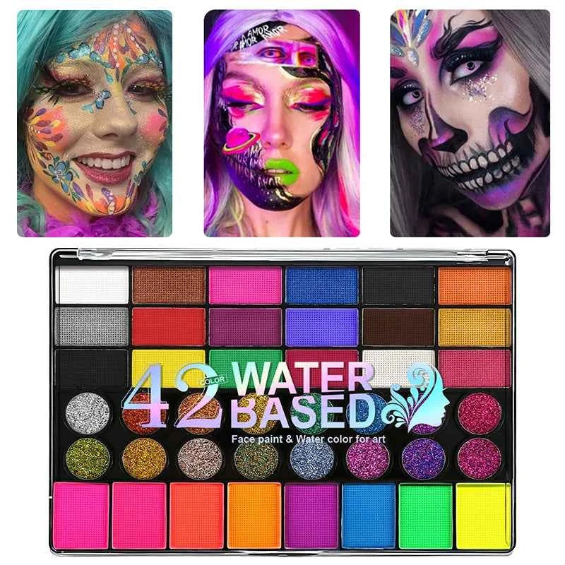 42 Colors Water-Based Face Paint Palette Neon Fluorescent Shades with Glitter Sequins for Art, Festivals, Cosplay Makeup