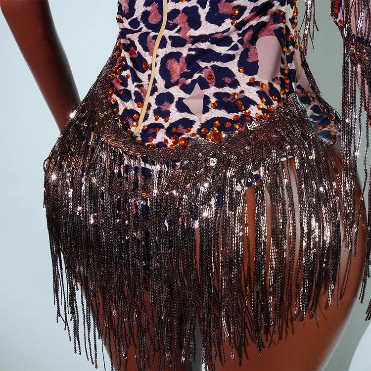 Leopard Sequin Fringe Asymmetrical Bodysuit One-Sleeve Stage Performance Costume