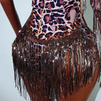 Leopard Sequin Fringe Asymmetrical Bodysuit One-Sleeve Stage Performance Costume