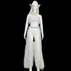 White Faux Fur Halter Top, Flare Chaps Pants, Long Gloves & Hat 4-Piece Stage Dance Costume Set