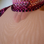 Luxury Pink Rhinestone long sleeve bodysuit Dancer Stage Wear Perform Show Girl Sheer Drag Queen Outfit Bar Nightclub
